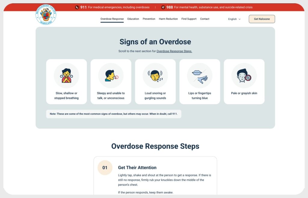 Website page showing signs of an overdose with icons and descriptions for common symptoms and response steps.